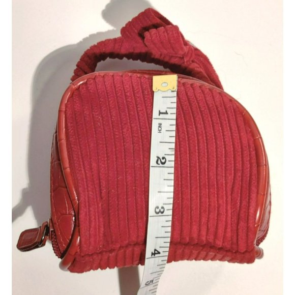 Mini Red Corduroy Cotton Full Zip Jewelry Travel Bag Bow on Handle Inside Pocket - Picture 13 of 15